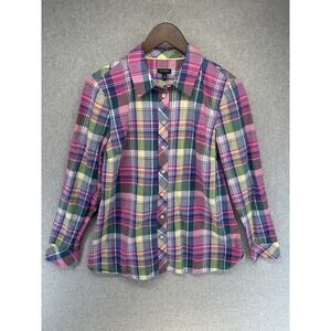 Talbots Womens Shirt Button Up Size Medium Pink Plaid Collared Long Sleeve Light